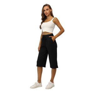 Women's Drawstring Loose Causal Lounge Pants Capri Yoga Pants Wide Leg
